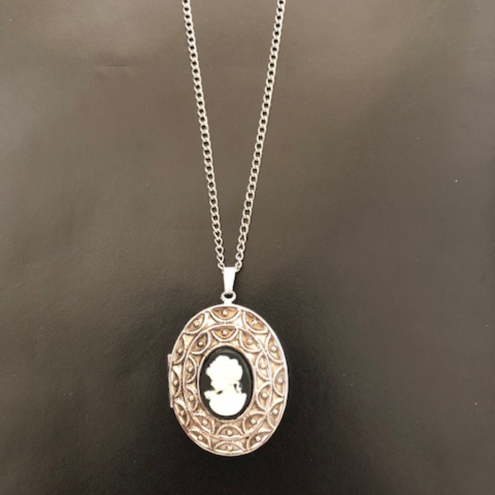 Vintage Cameo Locket Necklace in Brushed Antique Silver